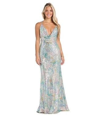 Morgan & Co. Multicolor Iridescent Sequin ( seaglass color ) drape neck Dress